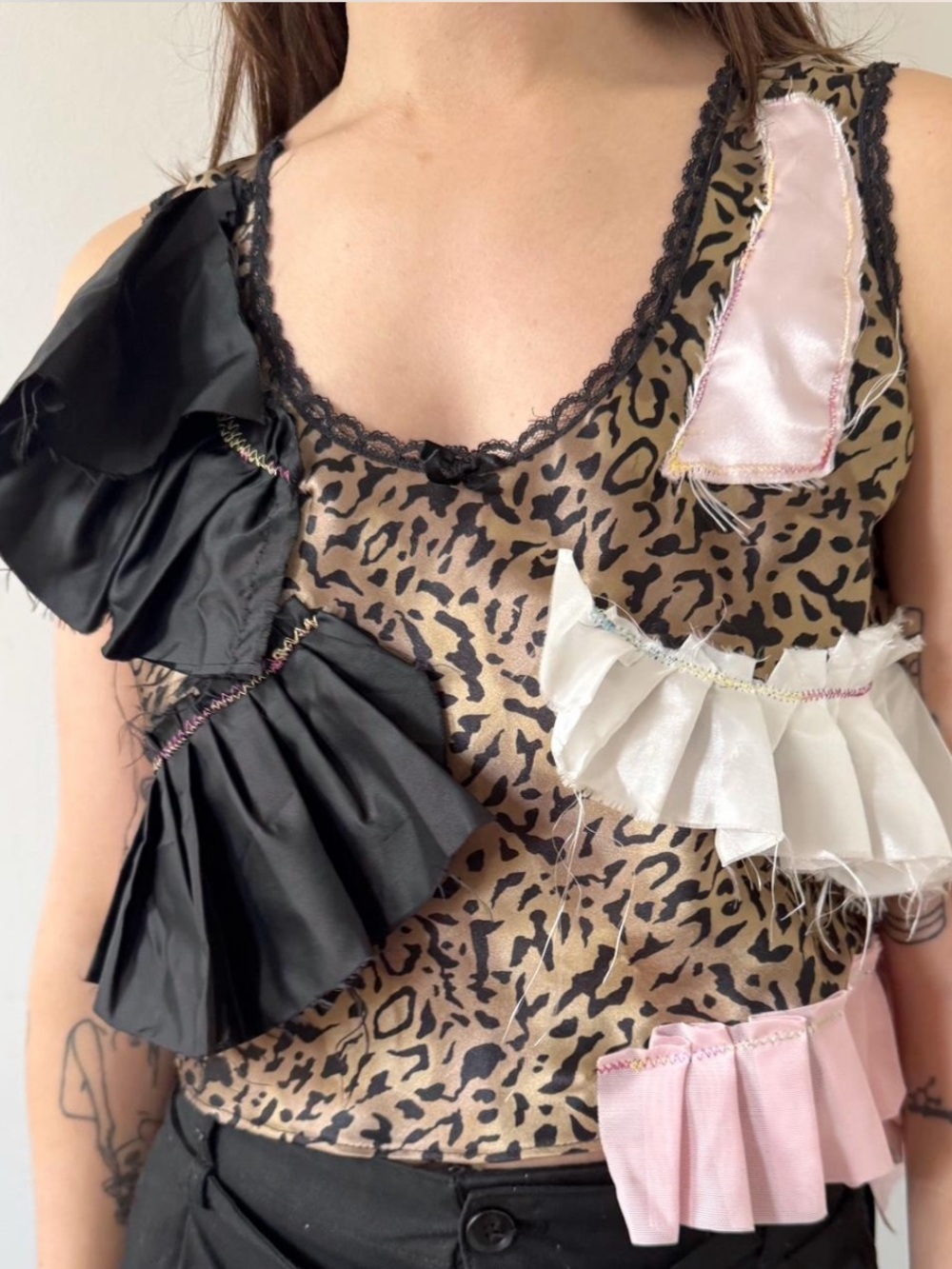 Acid Cat OOAK designer ruffle satin top